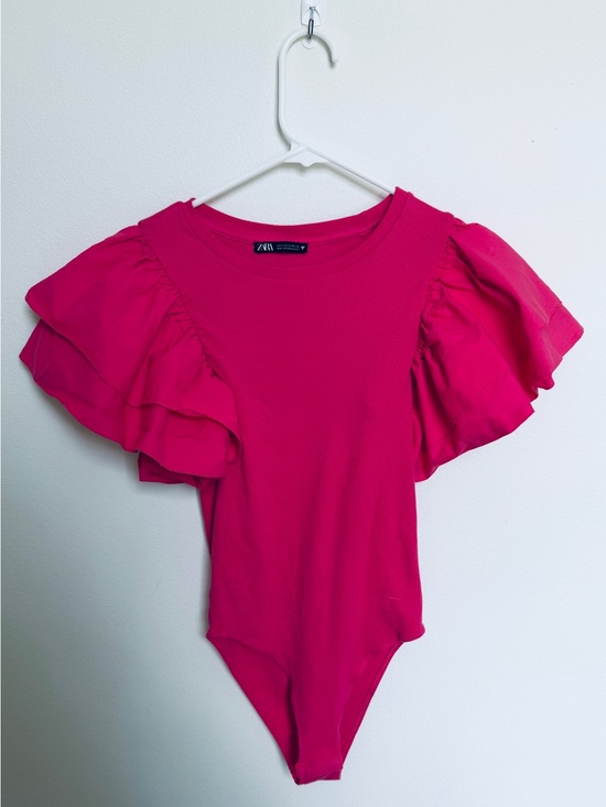 Zara Tops - Zara Hot Pink Ruffle-Sleeve One-Piece Bodysuit